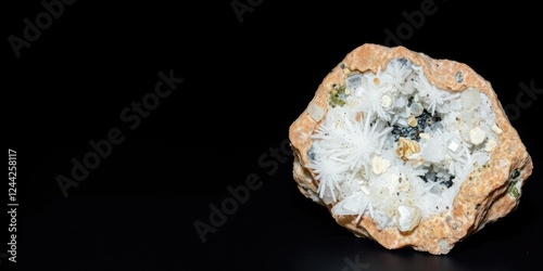 Raw pegmatite specimen on a dark background with visible crystals and minerals, earth science, igneous rock