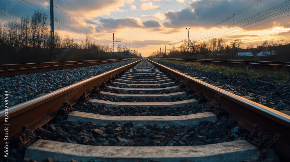 Fototapeta premium A perspective view of railway tracks stretching into the horizon during sunset.