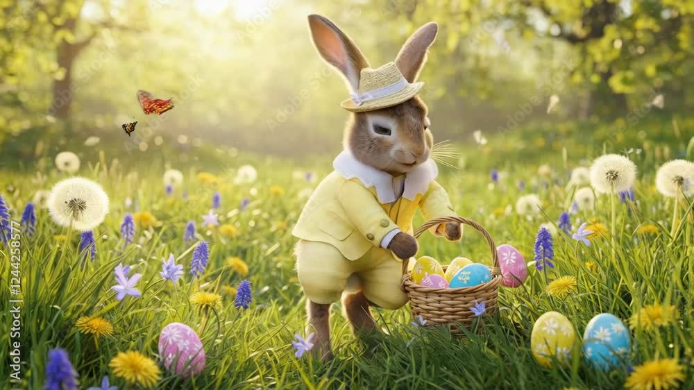 Funny Easter bunnies character speaking while holding easter eggs on basket in the park