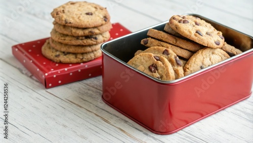 Red biscuit tin filled with stacked choc chip cookies, cookies, storage, baking supplies, containers, baked goods