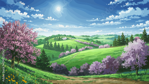 Spring Landscape with Rolling Hills and Wildflowers