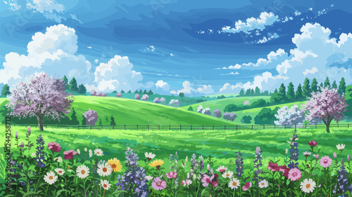 Spring Landscape with Blossoming Trees and Wildflowers