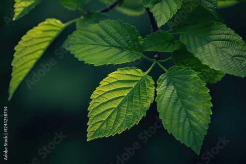Sunlight illuminating vibrant green leaves growing on a branch in springtime, symbolizing new life and nature's beauty