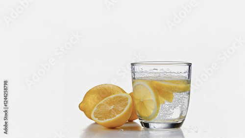 Refreshing Lemon Water with Lemon Slices and Lemon Balm on a White Background