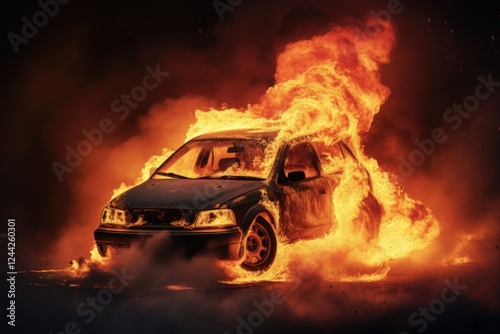 Burning Car on Fire. Flames and Smoke on Background with Fire Brigade and Safety as Priority