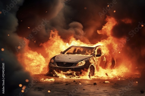 Burning Car in Flames on Fire Background - Danger, Safety and Fire Brigade Alarm