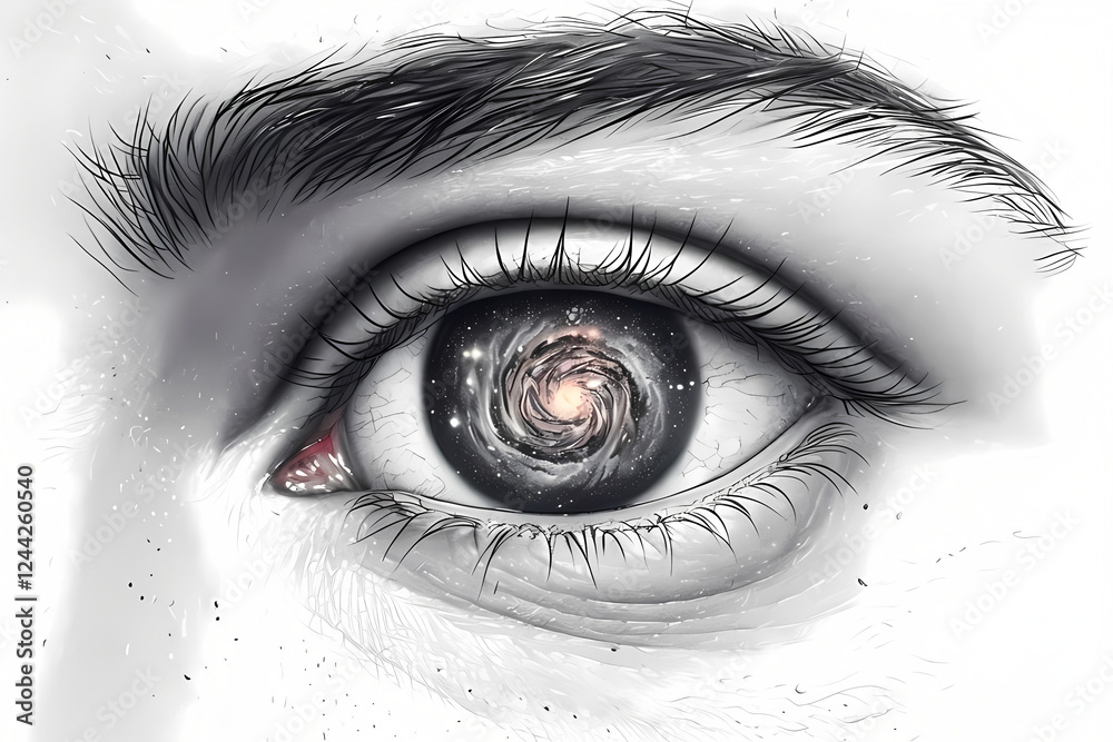 Fototapeta premium Close‑up digital illustration of a human eye featuring a spiral galaxy as the iris, blending realism and cosmic surrealism in a striking contemporary visual concept.