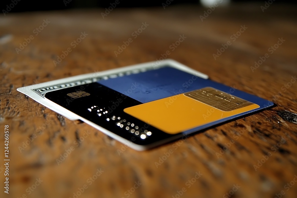 Credit Card and Money on Wooden Table Credit Card and Money on Wooden Table
