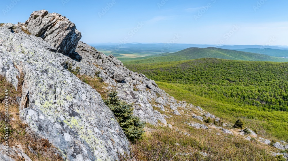 Awe-inspiring Mountain View: Rocky Peak Overlooking Lush Green Valleys Awe-inspiring Mountain View: Rocky Peak Overlooking Lush Green Valleys