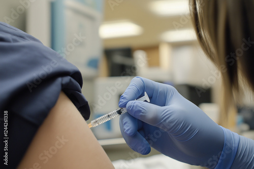 Medical professional wearing blue latex gloves administering an allergy shot into a patient's arm in a clean, sterile medical office Generative AI