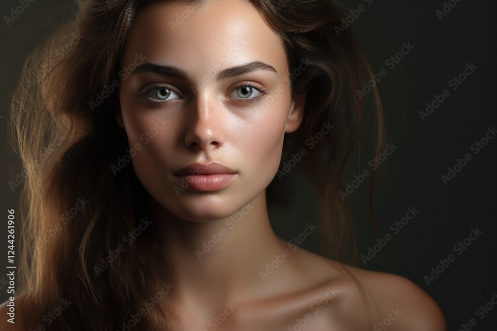 Obraz premium Caucasian Woman's Cheek Dimple. Simple Feminine Beauty of Facial Skin in Studio