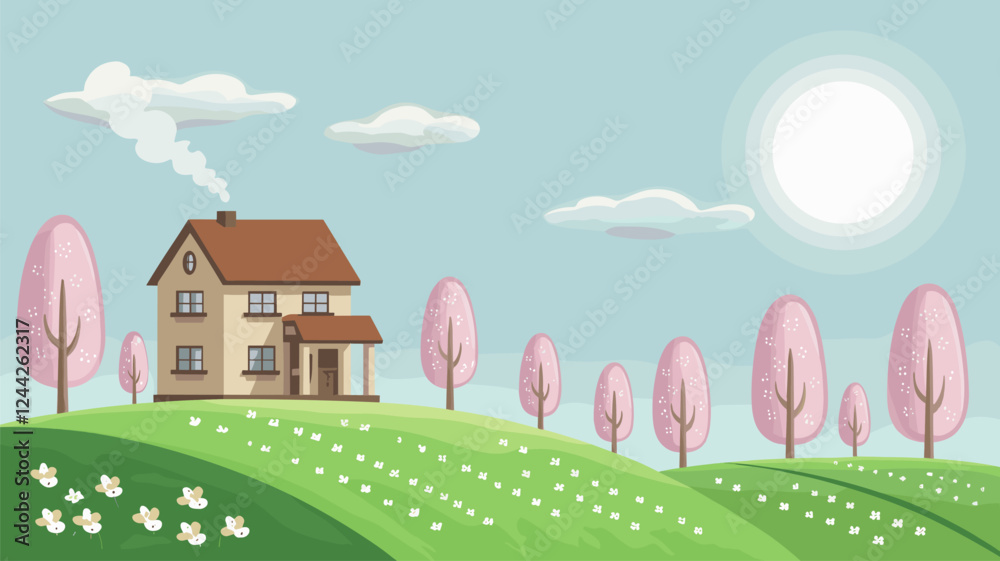 Naklejka premium House on Hill with Blossoming Trees