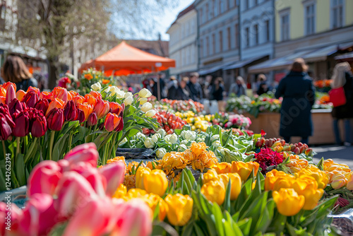 Spring market in the city square, vibrant stalls filled with fresh flowers and local produce.