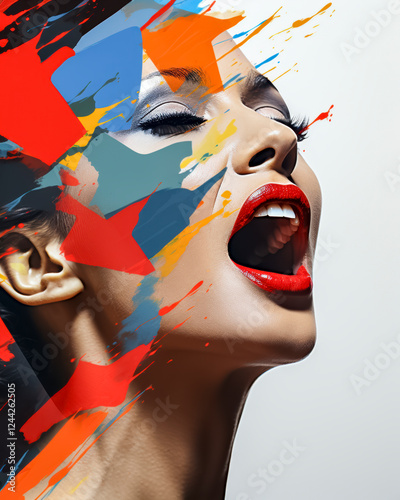 Obraz na płótnie Surrealistisches buntes Porträt einer schreienden Frau, Generative AI w salonie