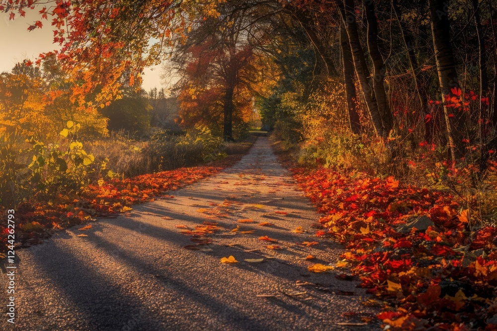 Obraz premium Autumnal path lined with vibrant red and orange leaves, bathed in golden sunlight.