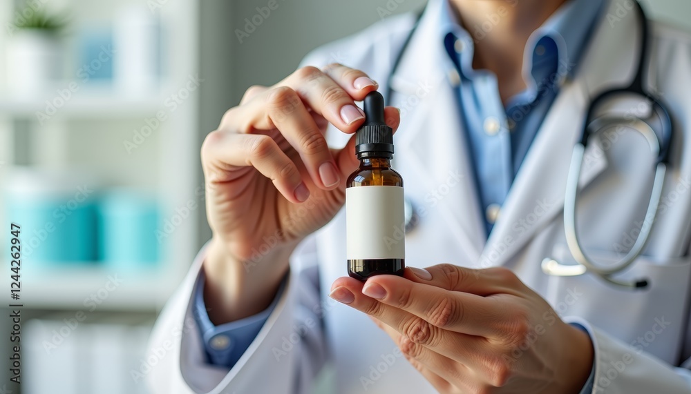 Doctor recommending eye drops with soft-focus clinic background, health advice Doctor recommending eye drops with soft-focus clinic background, health advice