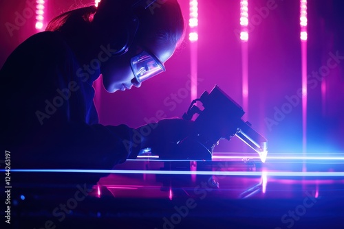 Laser technology application industrial environment photography neon lights close-up innovation in manufacturing