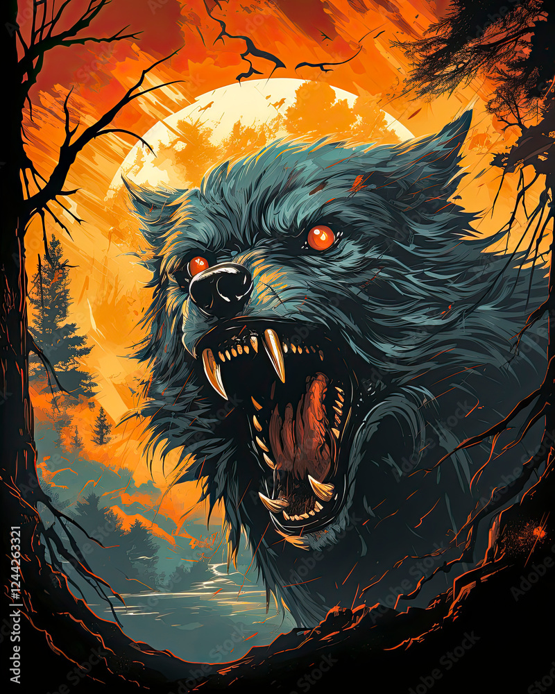 Brüllender Werwolf in einer Mondnacht, Mhytologie, Horror, Generative AI