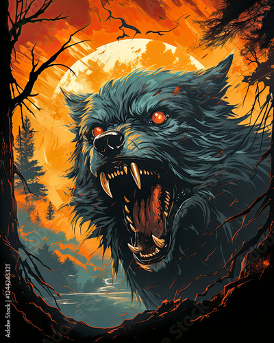 Obraz na płótnie Brüllender Werwolf in einer Mondnacht, Mhytologie, Horror, Generative AI w salonie