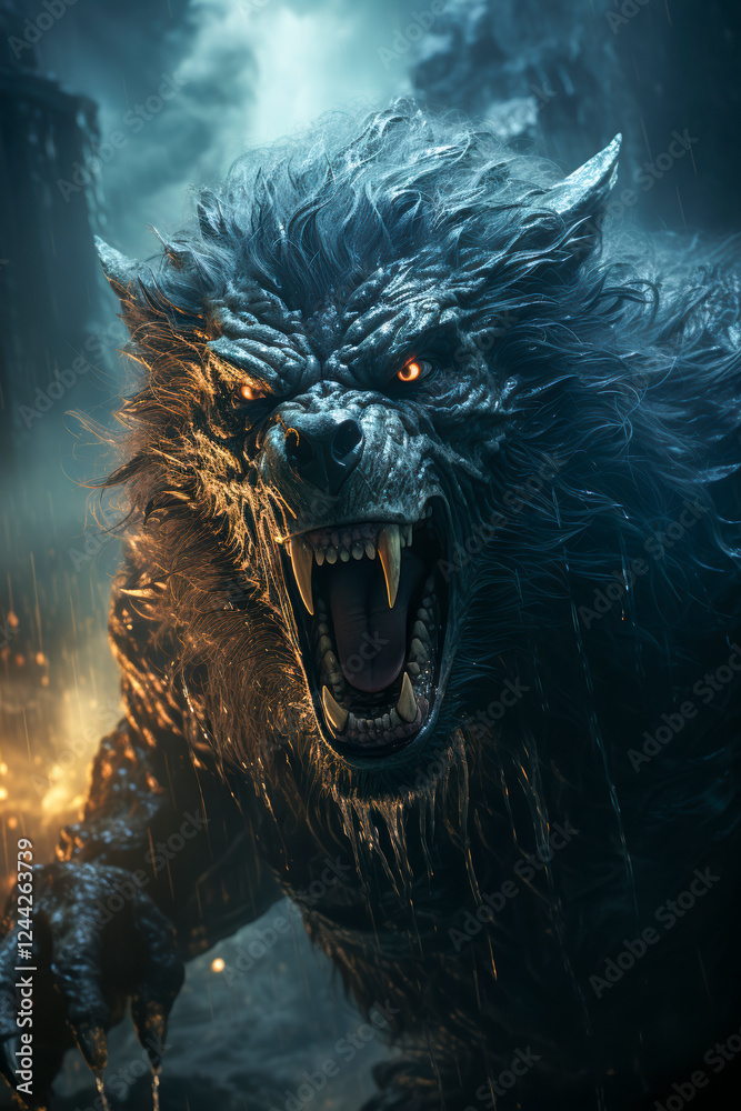 Brüllender Werwolf in einer Mondnacht, Mhytologie, Horror, Generative AI
