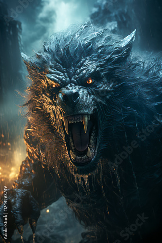 Obraz na płótnie Brüllender Werwolf in einer Mondnacht, Mhytologie, Horror, Generative AI w salonie