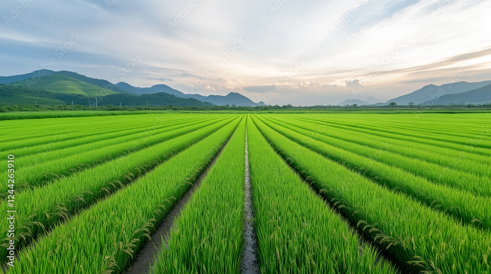 Lush green rice fields stretching across the horizon at sunset in a tranquil landscape Lush green rice fields stretching across the horizon at sunset in a tranquil landscape