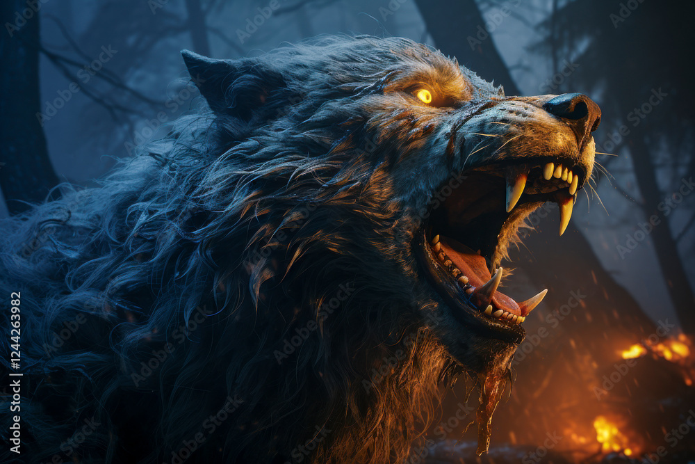 Brüllender Werwolf in einer Mondnacht, Mhytologie, Horror, Generative AI