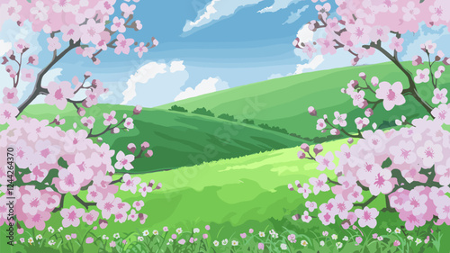 Spring Hillside with Cherry Blossom Trees