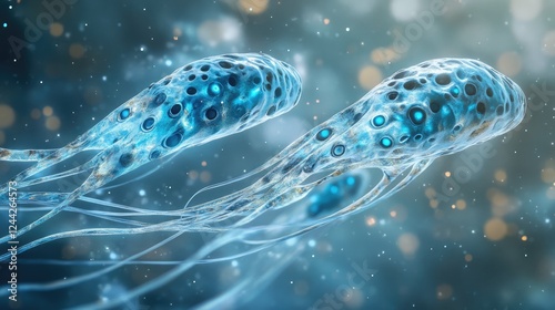 Two translucent, blue-hued organisms resembling sperm swim through a shimmering background.