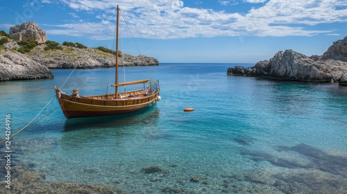 Fototapeta Naklejka Na Ścianę i Meble -  Serene Mediterranean Bay with Traditional Wooden Boat - A Coastal Escape