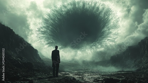 A man stands in front of a large, dark, and mysterious hole