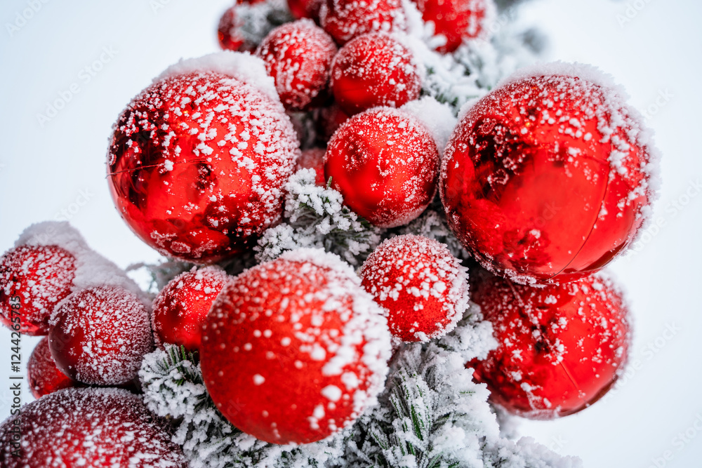 A red Christmas ball on a snow-covered branch of a fir tree swings in the wind outdoors A red Christmas ball on a snow-covered branch of a fir tree swings in the wind outdoors