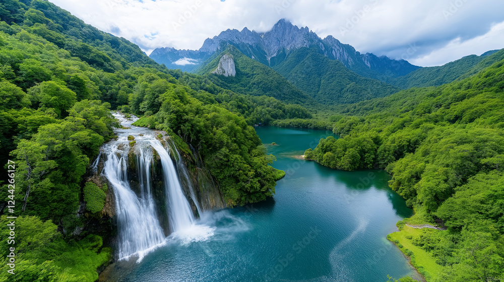 Impressive waterfall cascading into a tranquil lake surrounded by lush mountains and greenery Impressive waterfall cascading into a tranquil lake surrounded by lush mountains and greenery