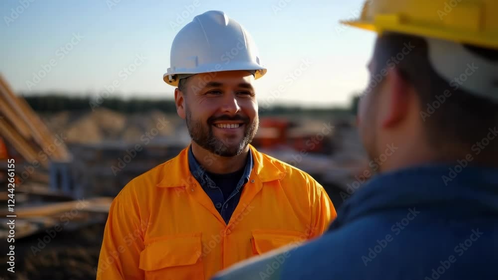 Construction site supervisor wearing safety gear standing beside colleague, discussing project details with professional collaboration and positive workplace communication