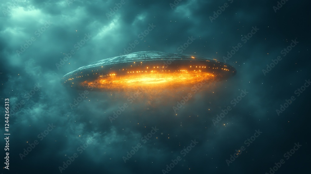 A large, orange UFO is flying through the sky A large, orange UFO is flying through the sky