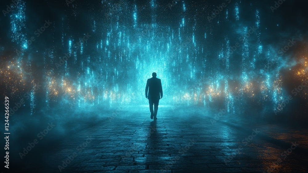 A man walks down a street in a futuristic city A man walks down a street in a futuristic city