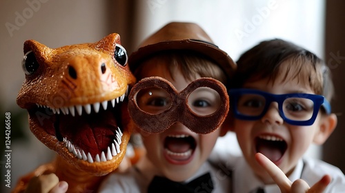 Fototapeta Naklejka Na Ścianę i Meble -  Two Happy Boys with Dinosaur Toy and Fun Glasses