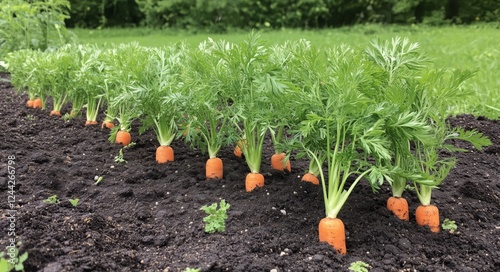 Carrots grow in a garden bed under bright sunlight in early summer