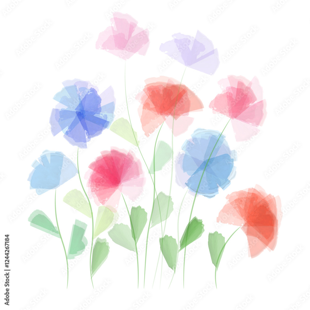 Watercolor transparent flowers isolated on a white background. Delicate petals of cornflowers, poppies and meadow cornflowers with leaves. Botanical drawing. Aquarelle painting of a wild flower. Watercolor transparent flowers isolated on a white background. Delicate petals of cornflowers, poppies and meadow cornflowers with leaves. Botanical drawing. Aquarelle painting of a wild flower.