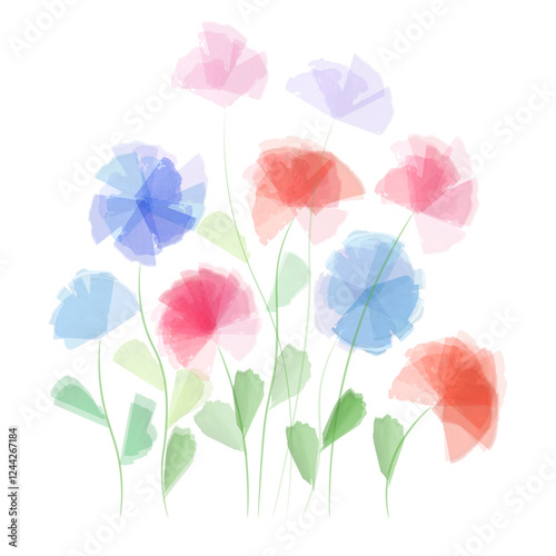 Watercolor transparent flowers isolated on a white background. Delicate petals of cornflowers, poppies and meadow cornflowers with leaves. Botanical  drawing. Aquarelle painting of a wild flower.