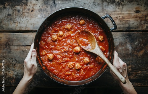 Delicious meatballs simmering in rich tomato sauce on a rustic wooden table