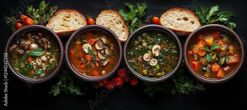 Colorful assortment of delicious soups served in bowls with fresh herbs and b...