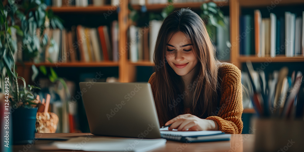 An attractive woman on her desk using a laptop, notebook, and studying online at home with a lovely smile An attractive woman on her desk using a laptop, notebook, and studying online at home with a lovely smile