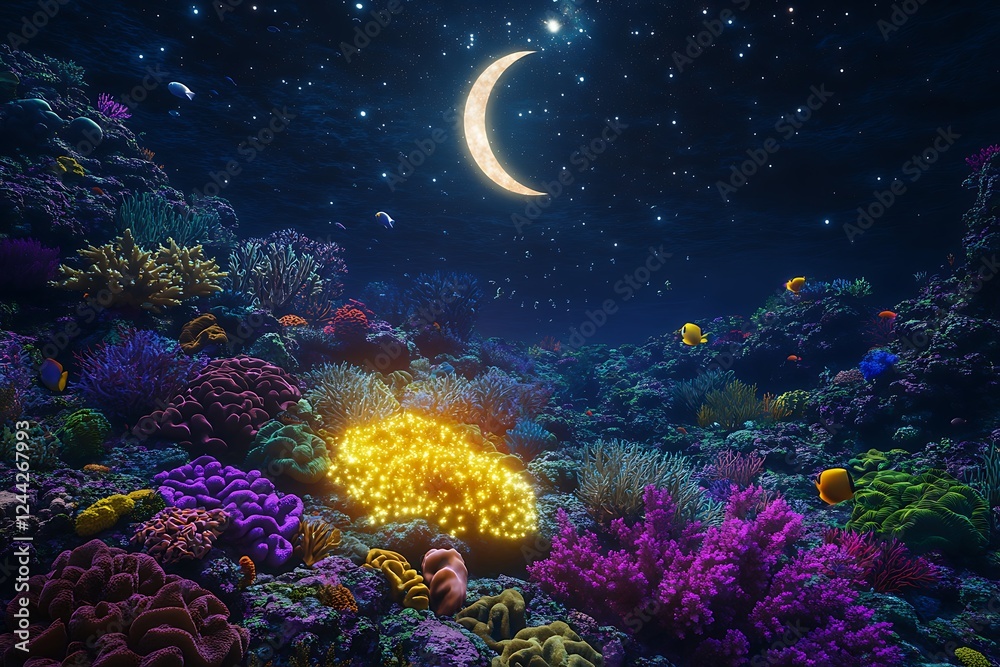 Fototapeta premium A serene coral reef glowing with vivid sea life under the crescent moon and a bright, starry sky.