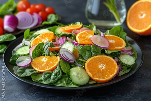 Fresh spinach and citrus salad served on a black plate with colorful vegetables
