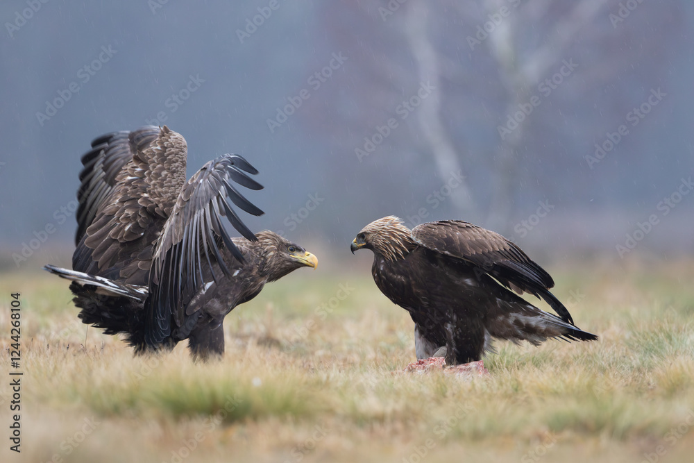 Golden eagle with prey attacked by a white-tailed eagle Golden eagle with prey attacked by a white-tailed eagle