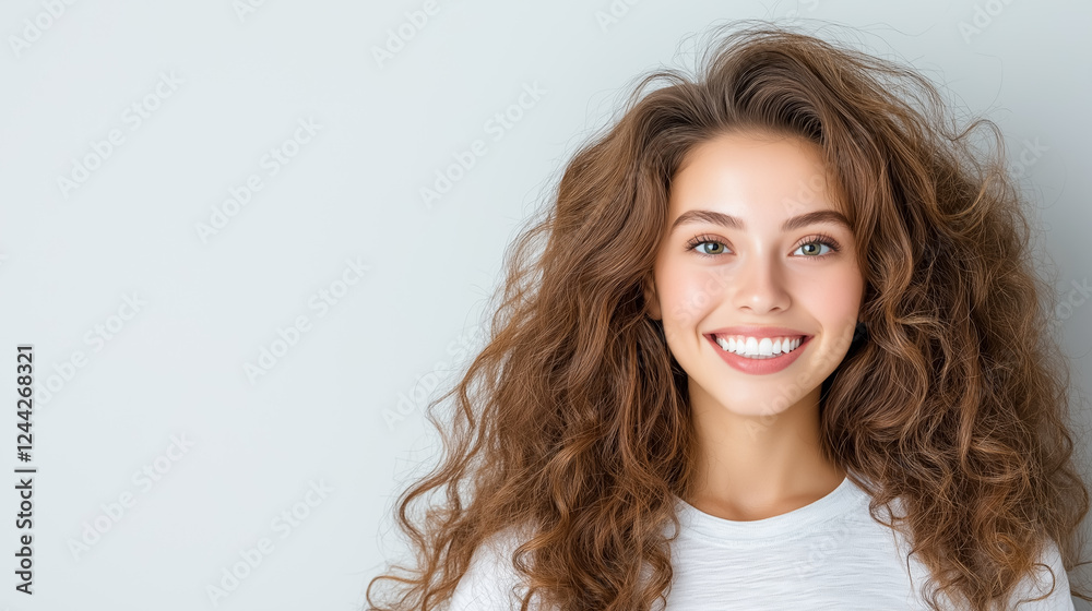 Smiling young woman with curly hair in light outfit against soft background Smiling young woman with curly hair in light outfit against soft background