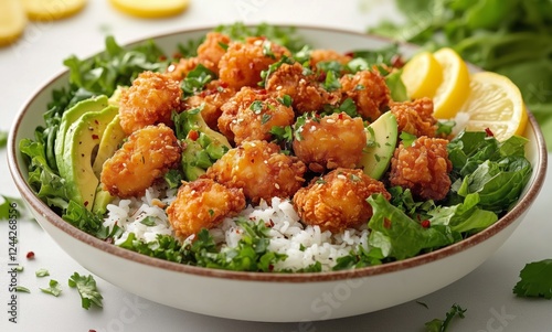 Fresh avocado and crispy chicken on a bed of rice with herbs and lemon slices...