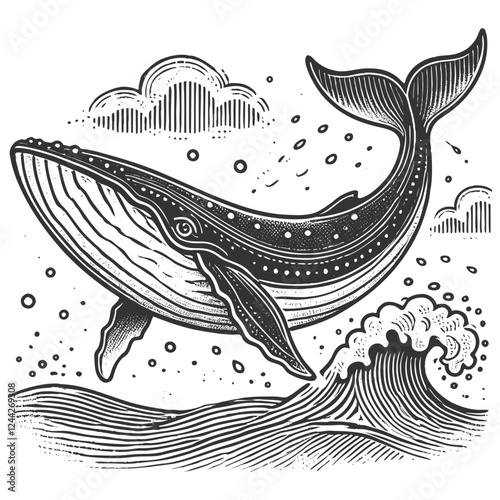 Humpback Whale Jumping from Waves engraving vector