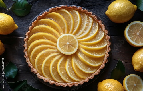 Freshly made lemon tart garnished with lemon slices surrounded by whole lemon...